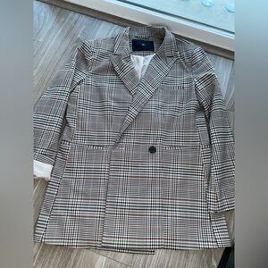 With Black, White & Brown Checked Double-Breasted Blazer